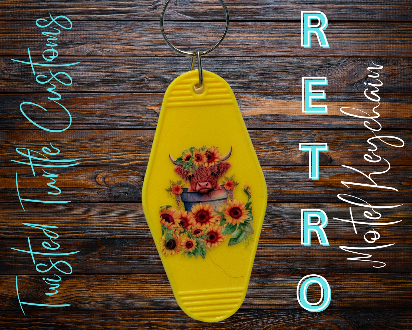 Retro Motel Keychain Baby Highland Cow with Sunflowers