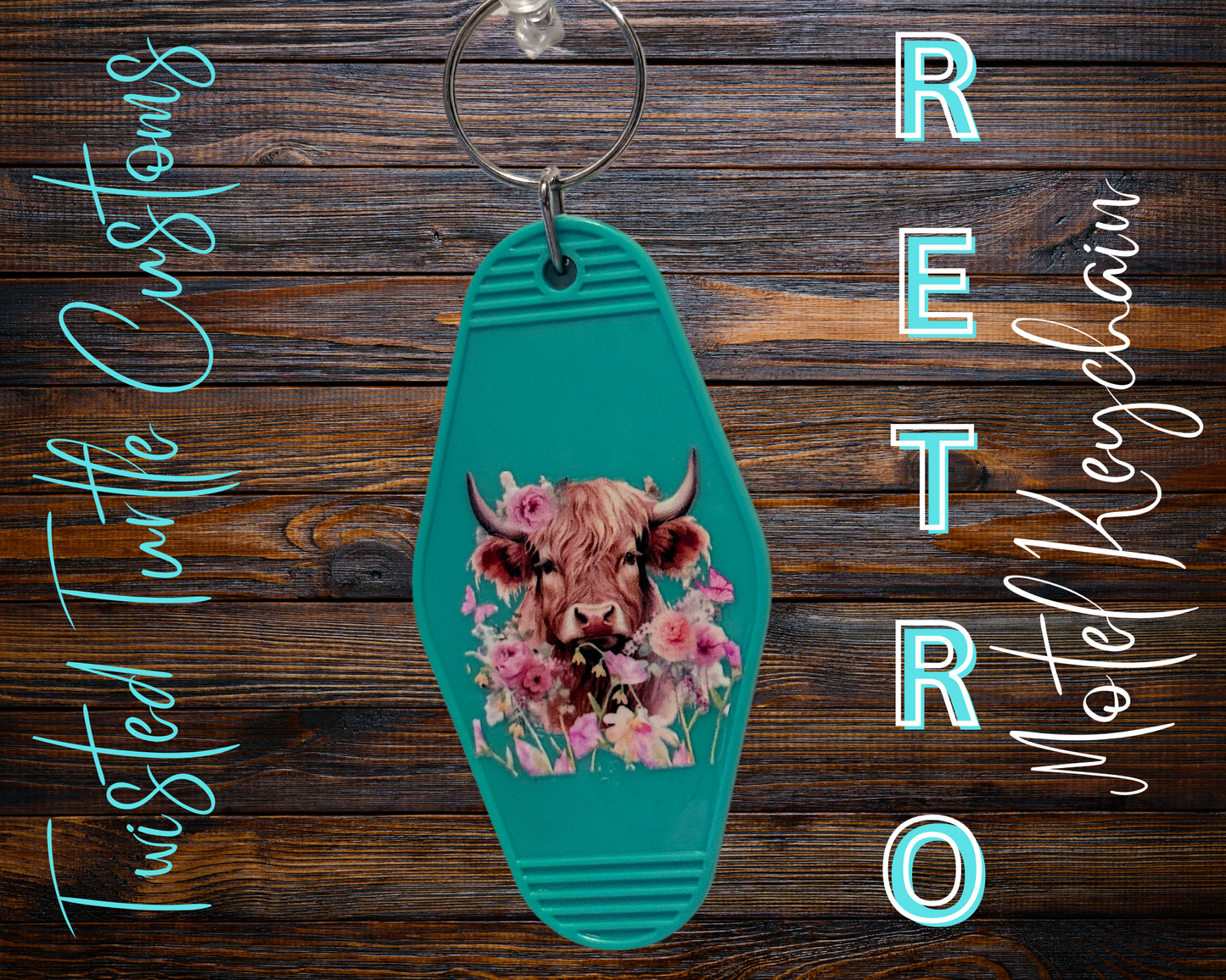 Retro Motel Keychain Highland Cow with Wild Flowers
