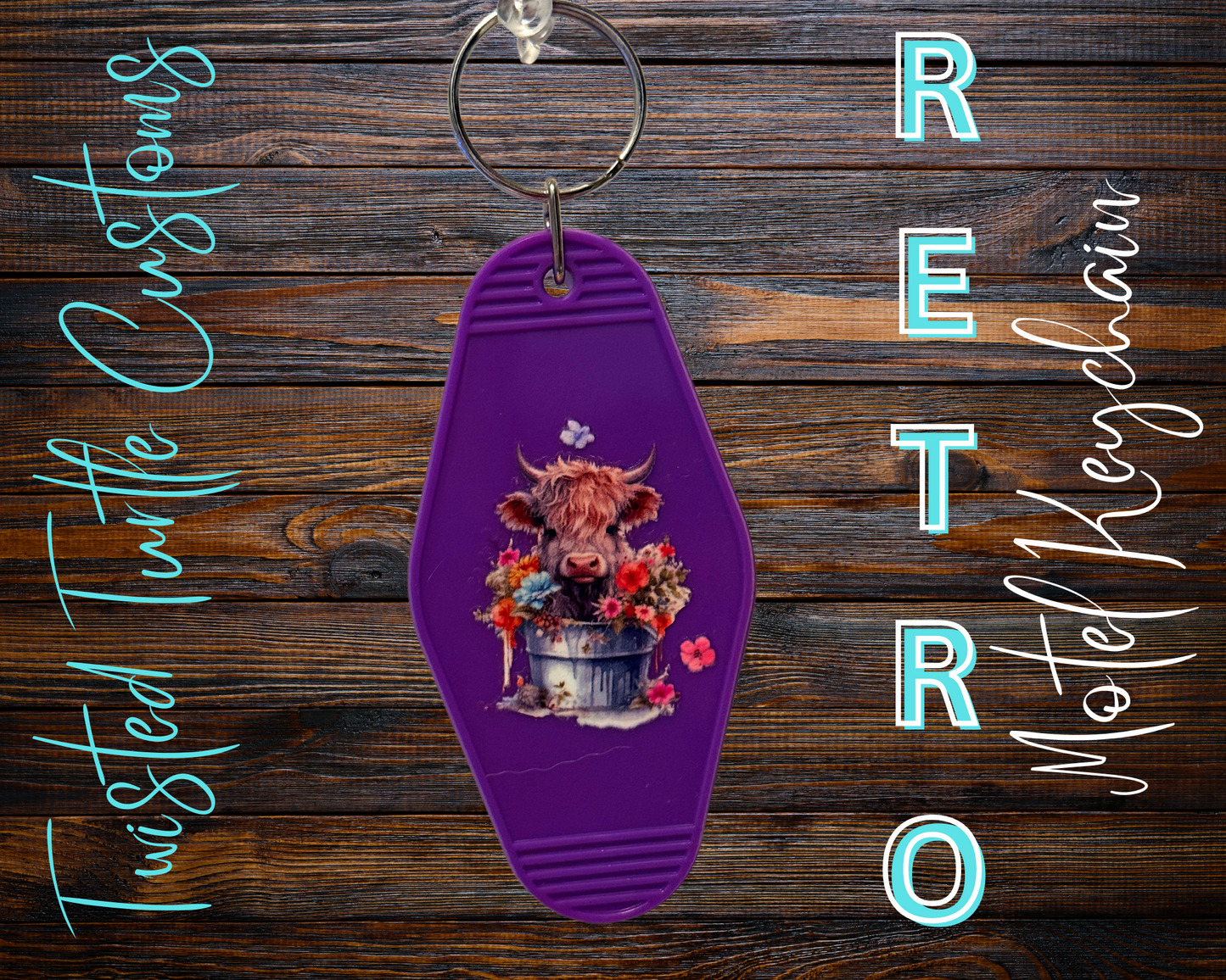 Retro Motel Keychain Baby Highland Cow with Wild Flowers