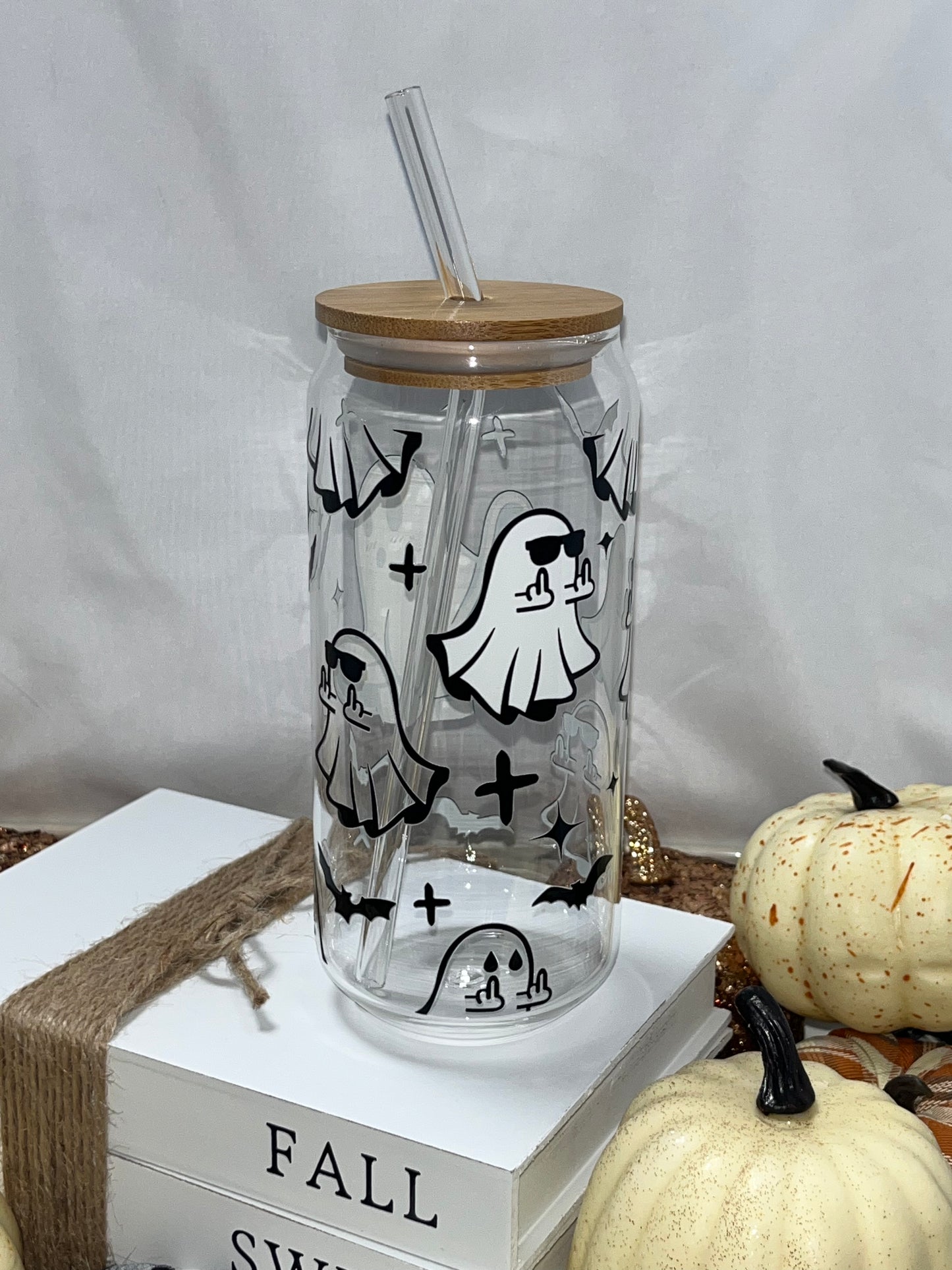 OOPS!! Funny Humor Ghost 18oz Glass Can Libbey with Bamboo Lid & Glass Straw