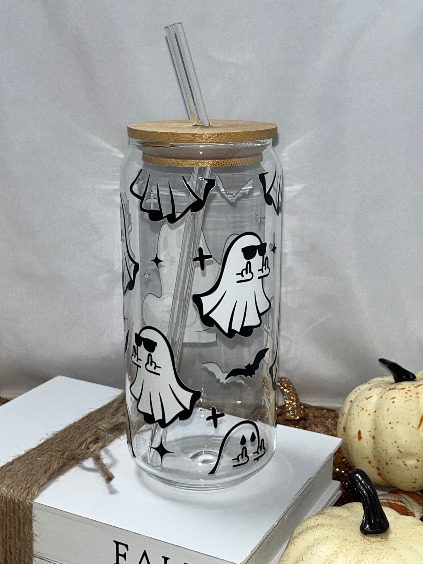 Funny Humor Ghost 18oz Glass Can Libbey with Bamboo Lid & Glass Straw
