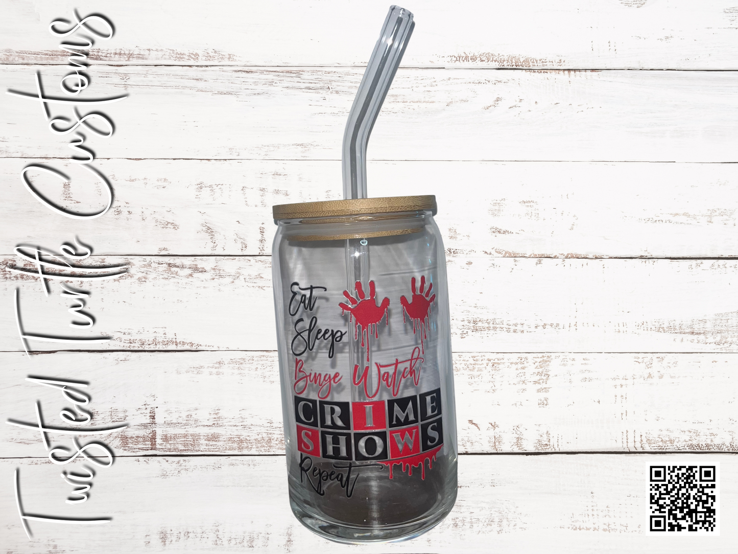 Eat Sleep Binge Watch Crime Shows Repeat Halloween 16oz Glass Can with Bamboo Lid & Glass Straw- Iced Coffee- Iced Tea
