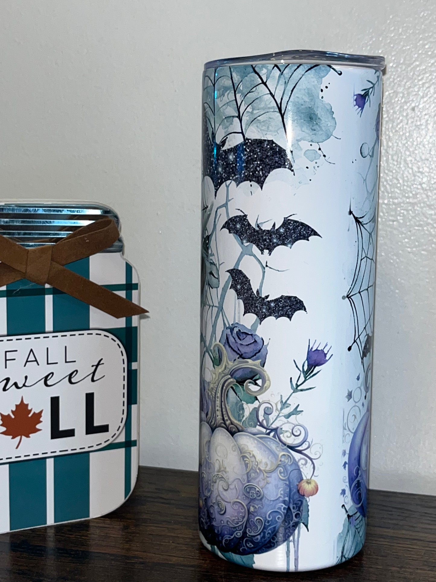 Purple Pumpkins Witch Fall Baby Highland Cow Flowers, Spider webs and Bats 20oz Tumbler