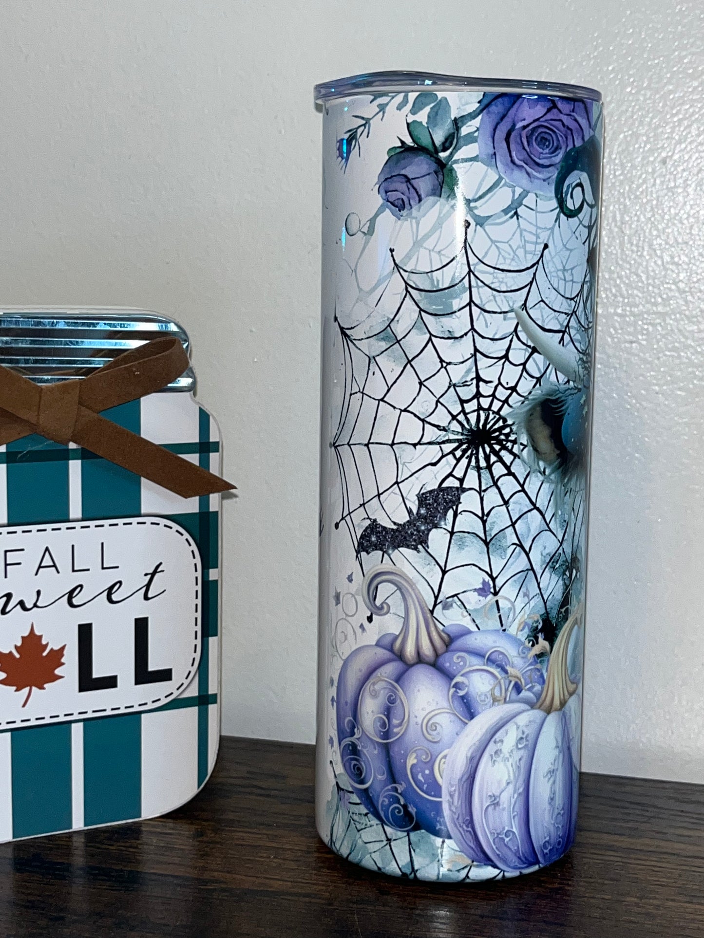 Purple Pumpkins Witch Fall Baby Highland Cow Flowers, Spider webs and Bats 20oz Tumbler