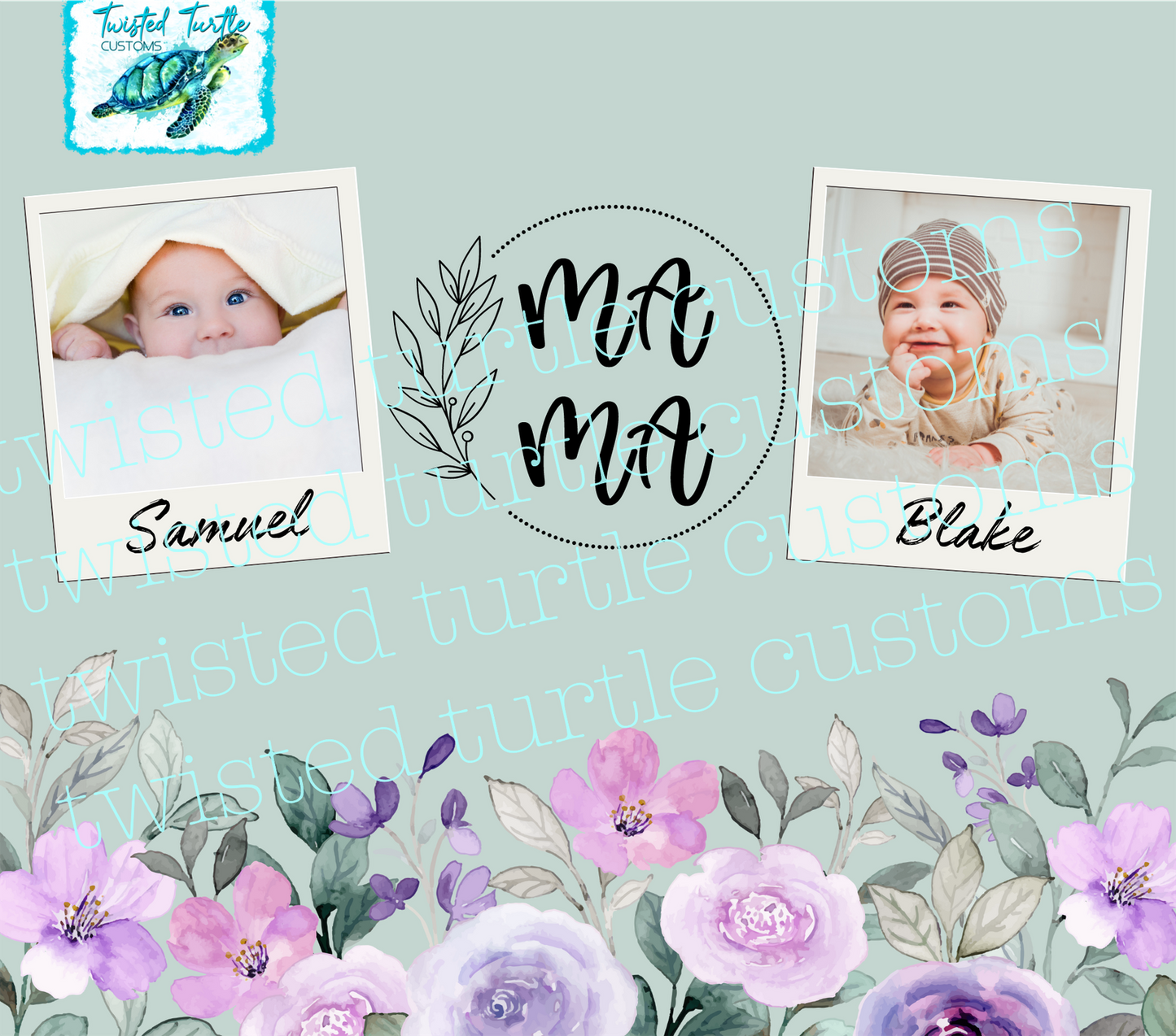 Custom 2 Photo/Names Mama Floral Circle Watercolor 20oz Tumbler with Floral Watercolor Back drop