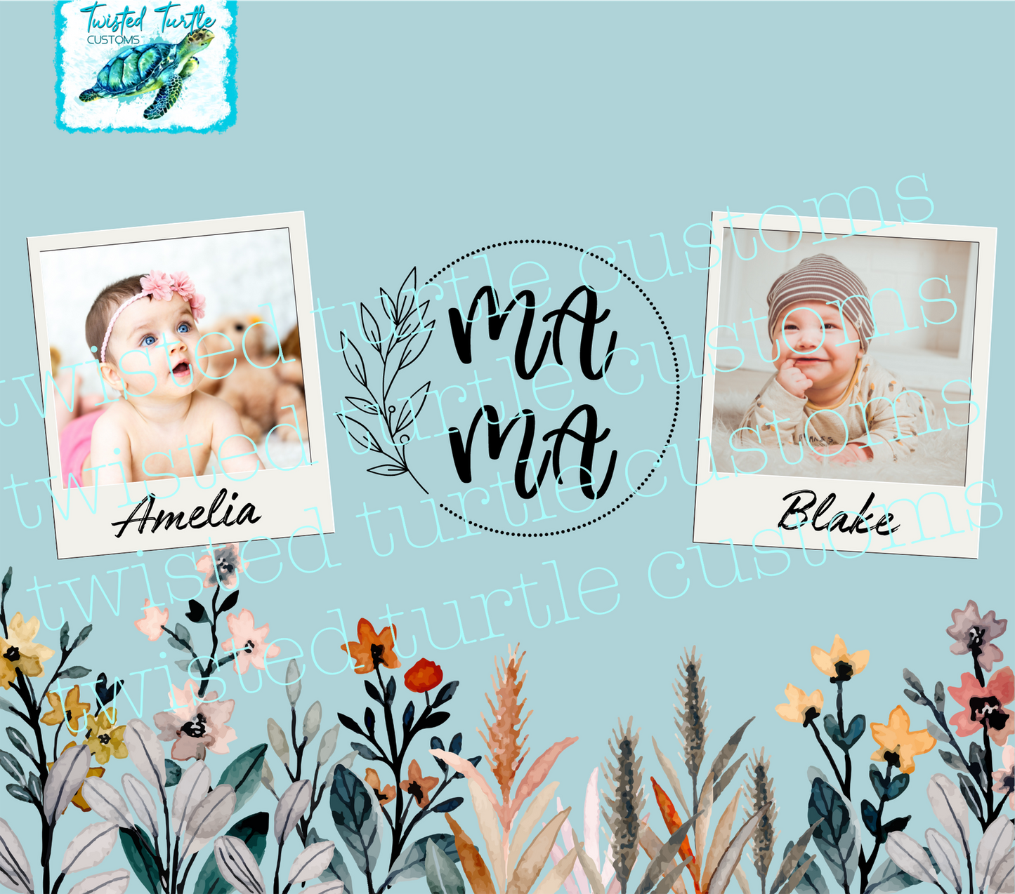 Custom 2 Photo/Names Mama Floral Circle Watercolor 20oz Tumbler with Floral Watercolor Back drop