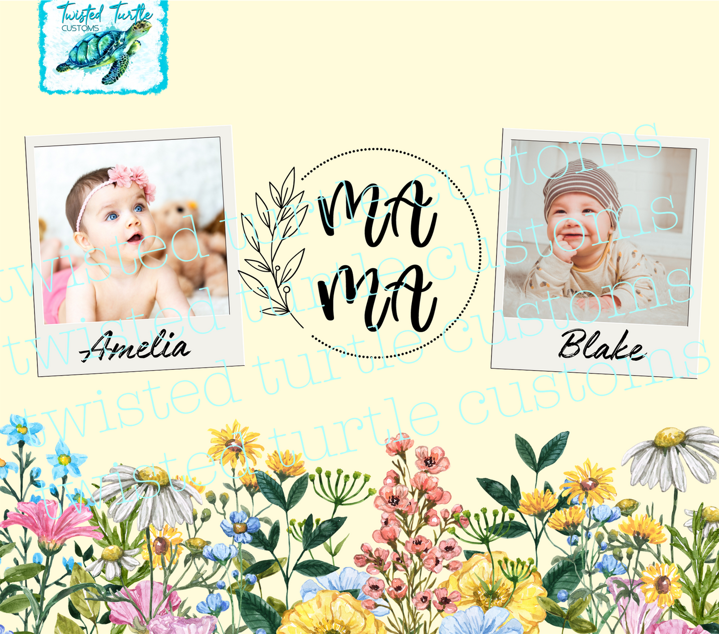 Custom 2 Photo/Names Mama Floral Circle Watercolor 20oz Tumbler with Floral Watercolor Back drop