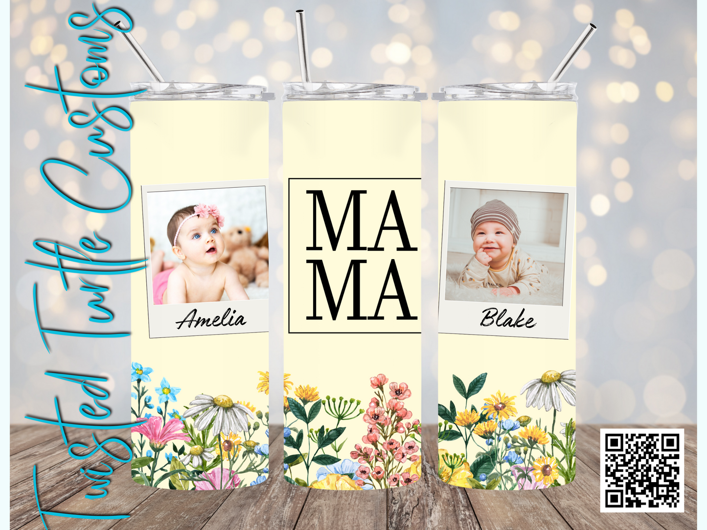 Custom 2 Photo/Names Mama Floral Square Watercolor 20oz Tumbler with Floral Watercolor Back drop