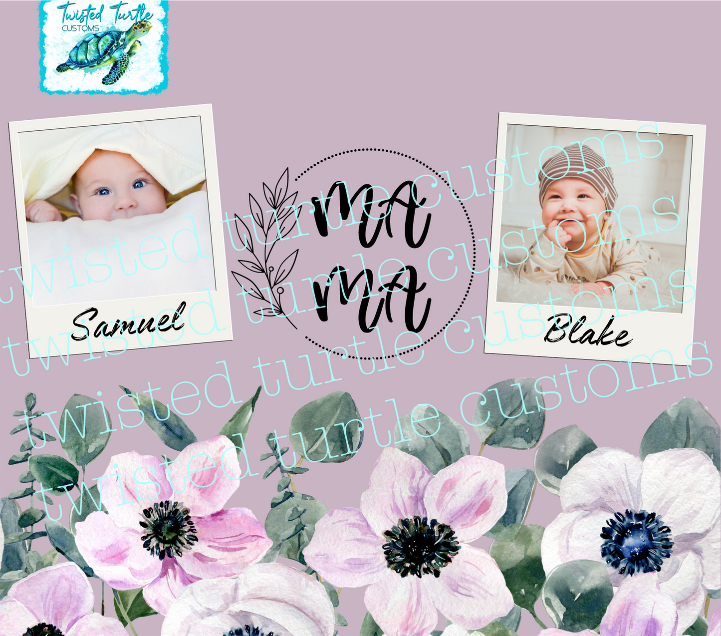 Custom 2 Photo/Names Mama Floral Circle Watercolor 20oz Tumbler with Floral Watercolor Back drop