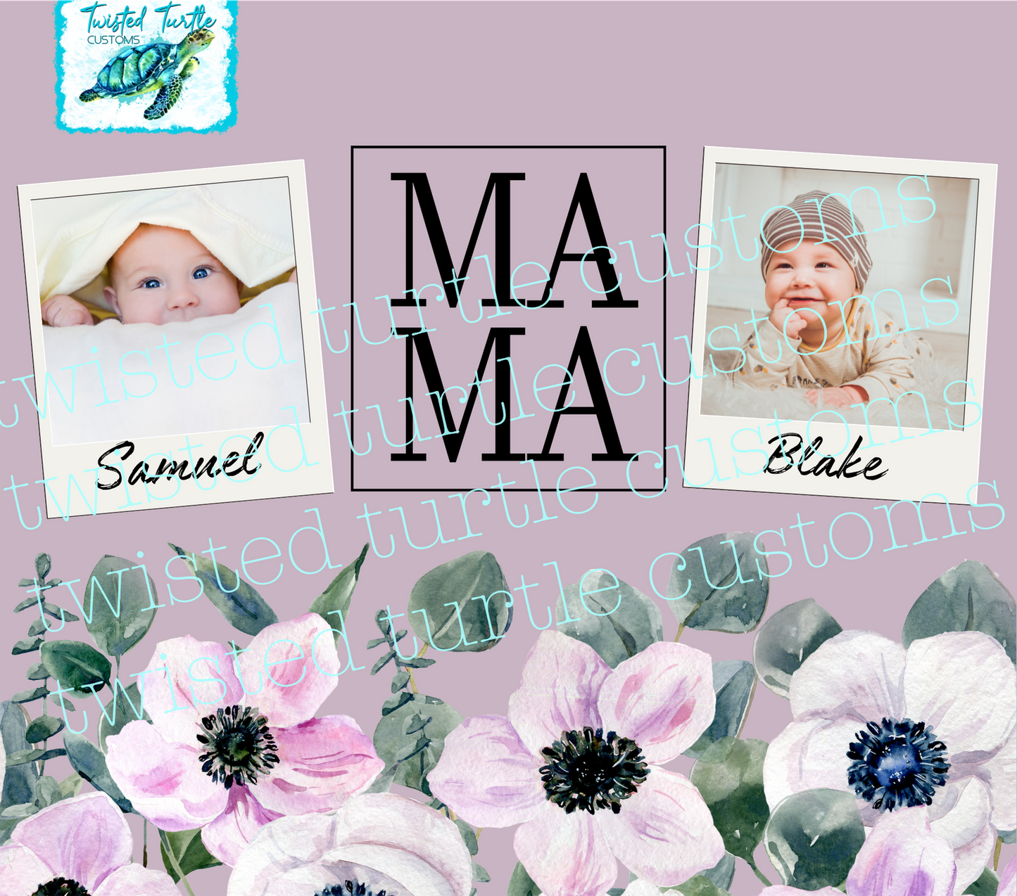 Custom 2 Photo/Names Mama Floral Square Watercolor 20oz Tumbler with Floral Watercolor Back drop