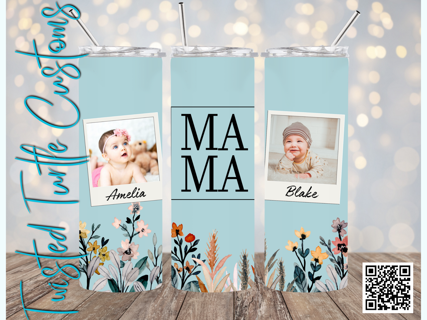 Custom 2 Photo/Names Mama Floral Square Watercolor 20oz Tumbler with Floral Watercolor Back drop
