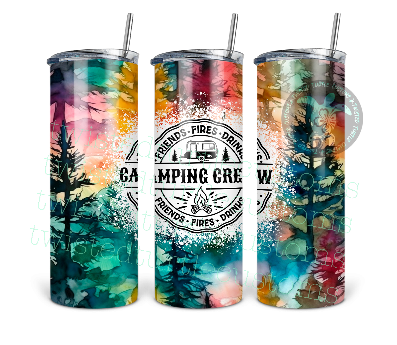 Camping Season Drinks Friends and Bonfires watercolor woods tie dye look 20oz Tumbler