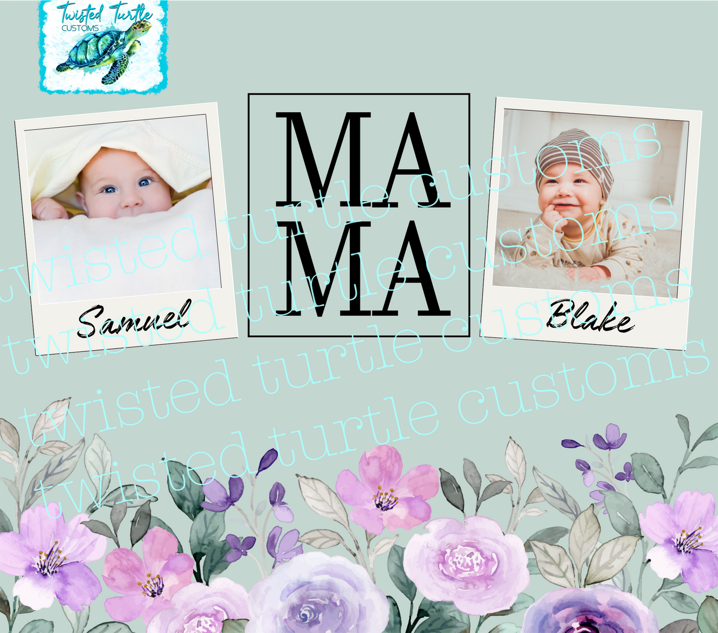 Custom 2 Photo/Names Mama Floral Square Watercolor 20oz Tumbler with Floral Watercolor Back drop