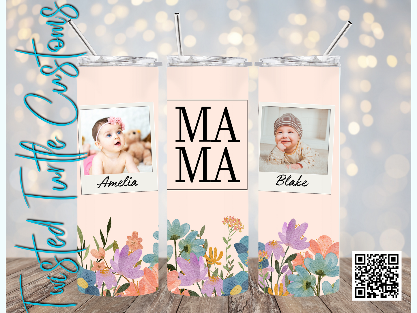 Custom 2 Photo/Names Mama Floral Square Watercolor 20oz Tumbler with Floral Watercolor Back drop