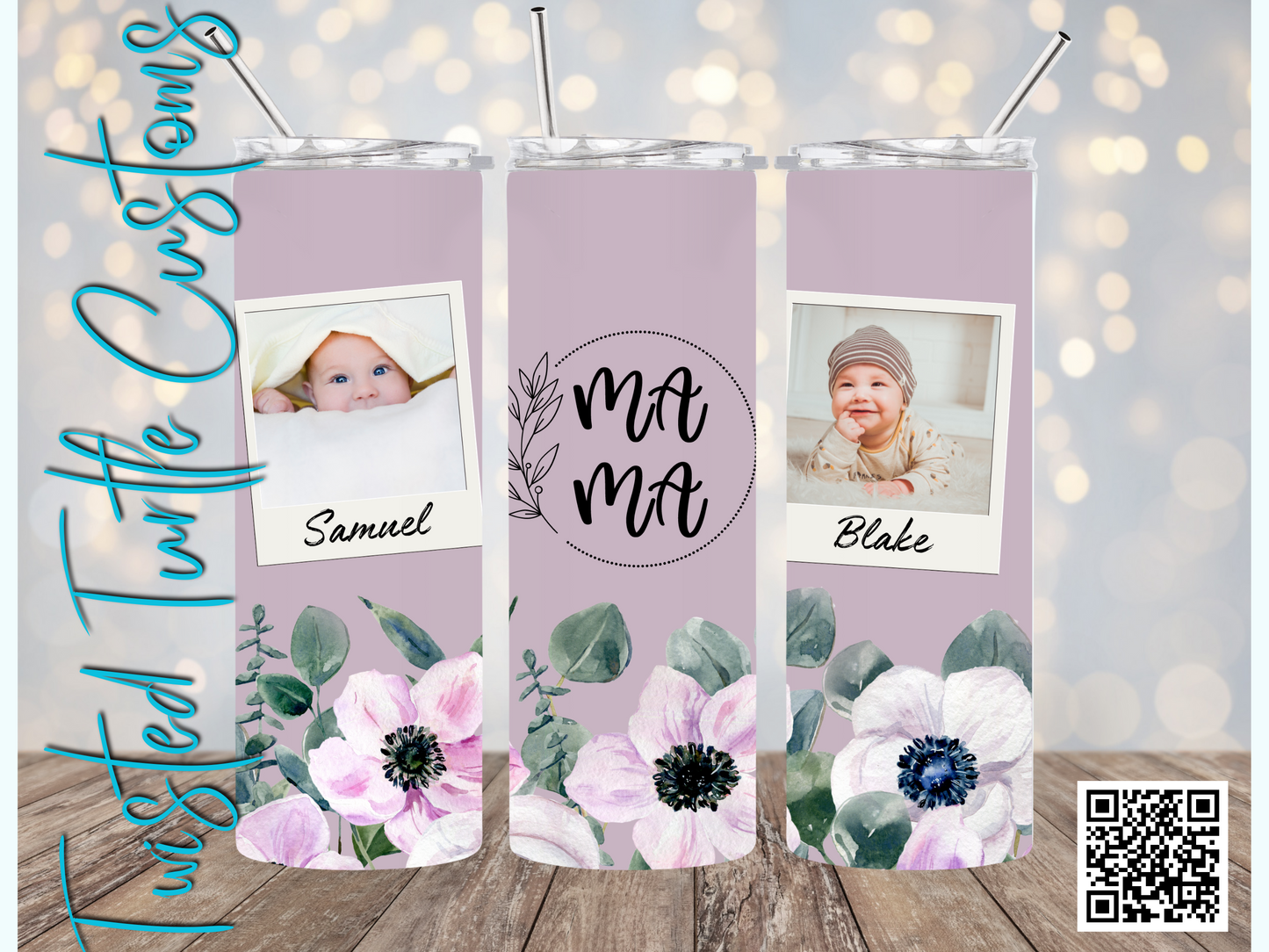 Custom 2 Photo/Names Mama Floral Circle Watercolor 20oz Tumbler with Floral Watercolor Back drop