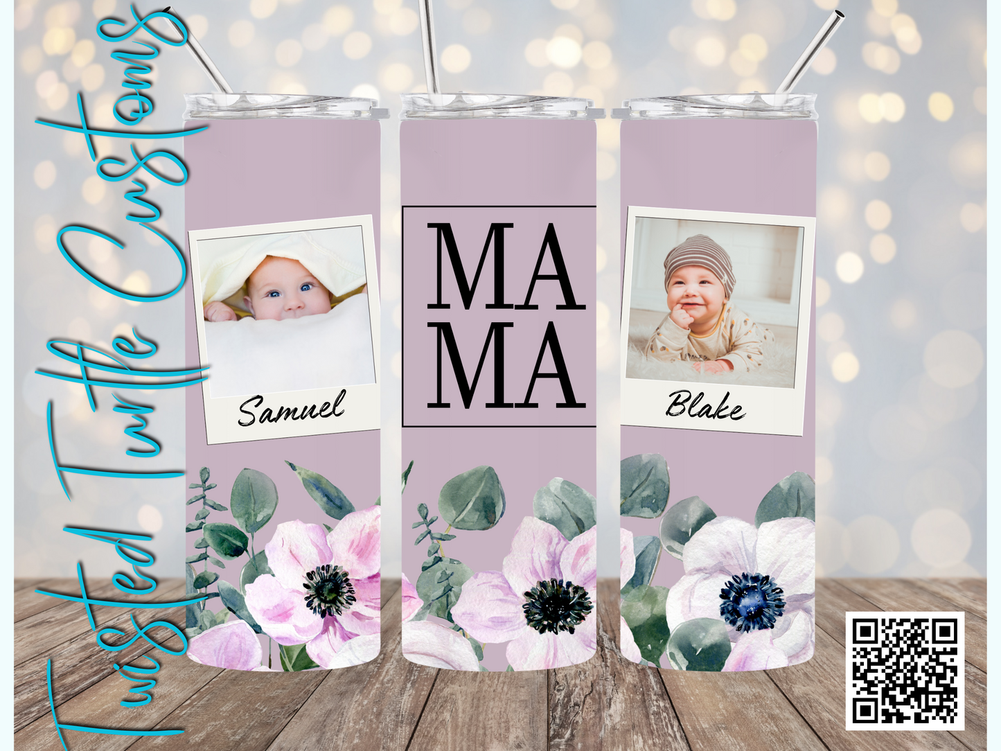 Custom 2 Photo/Names Mama Floral Square Watercolor 20oz Tumbler with Floral Watercolor Back drop