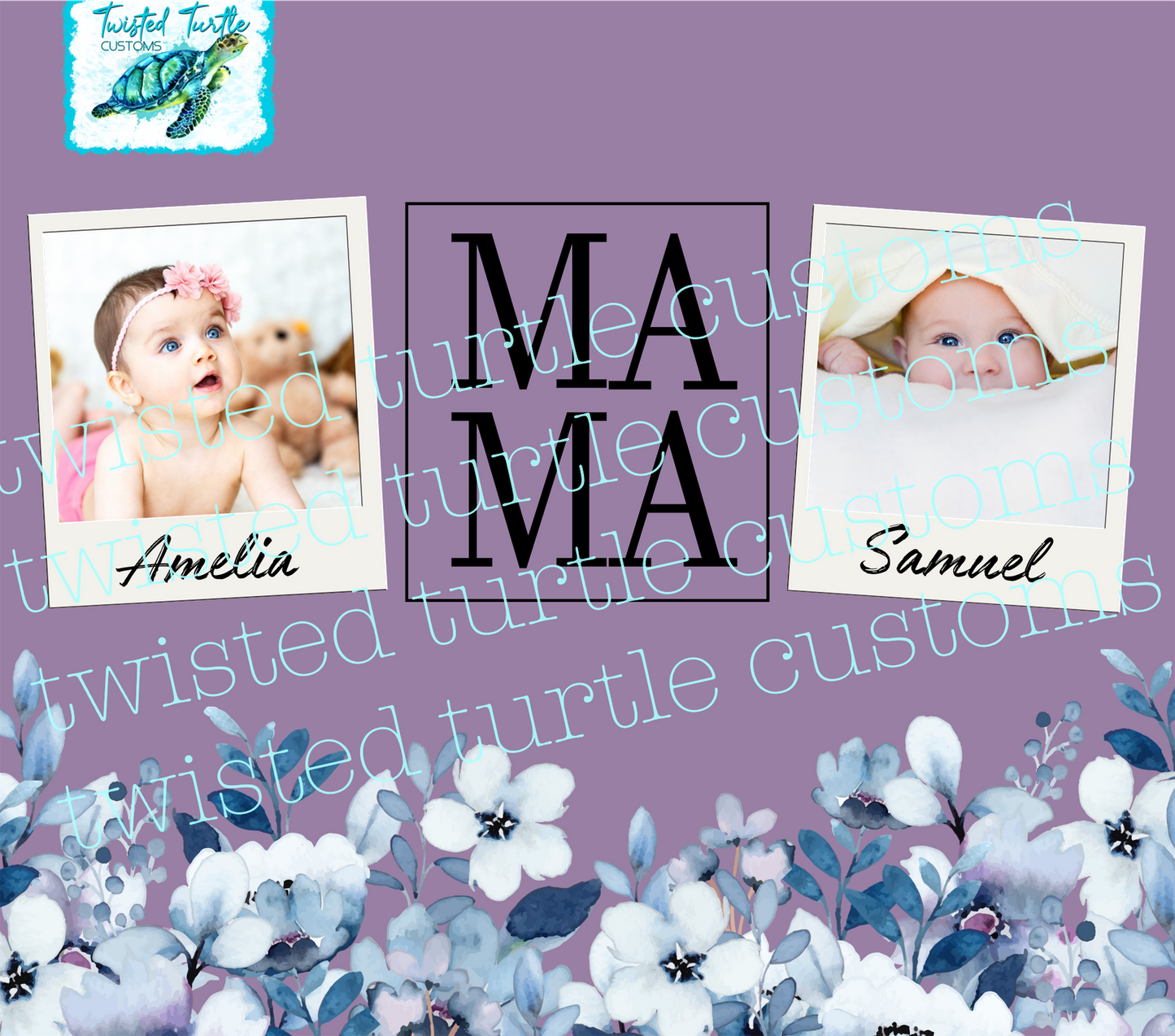 Custom 2 Photo/Names Mama Floral Square Watercolor 20oz Tumbler with Floral Watercolor Back drop