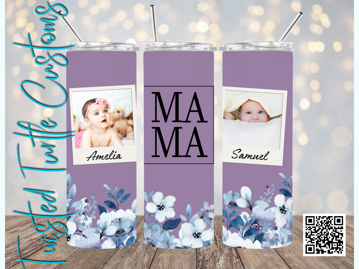 Custom 2 Photo/Names Mama Floral Square Watercolor 20oz Tumbler with Floral Watercolor Back drop
