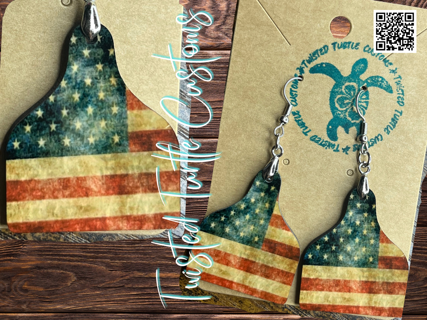 Rustic American Flag Patriotic Cow Tag Earrings