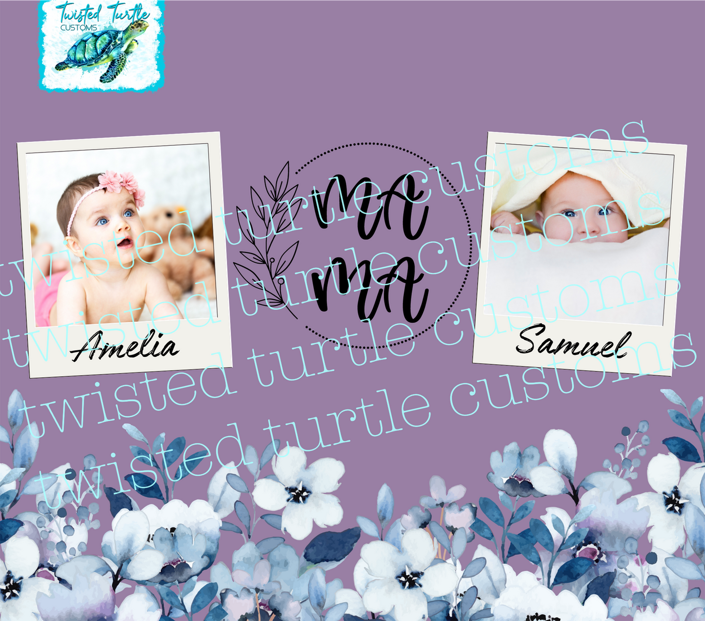 Custom 2 Photo/Names Mama Floral Circle Watercolor 20oz Tumbler with Floral Watercolor Back drop