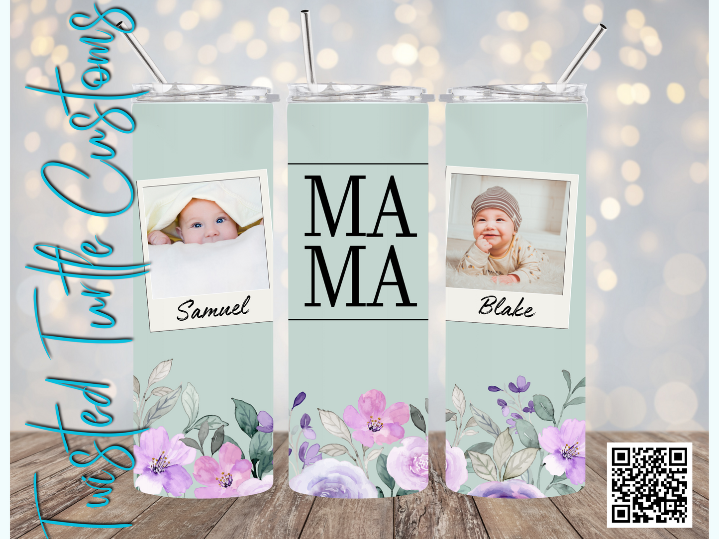 Custom 2 Photo/Names Mama Floral Square Watercolor 20oz Tumbler with Floral Watercolor Back drop