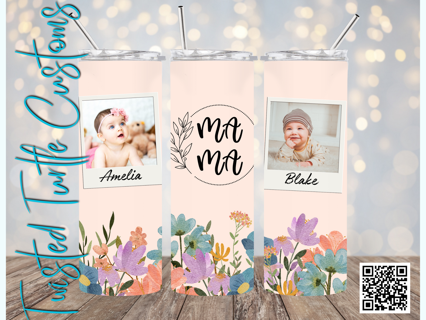 Custom 2 Photo/Names Mama Floral Circle Watercolor 20oz Tumbler with Floral Watercolor Back drop