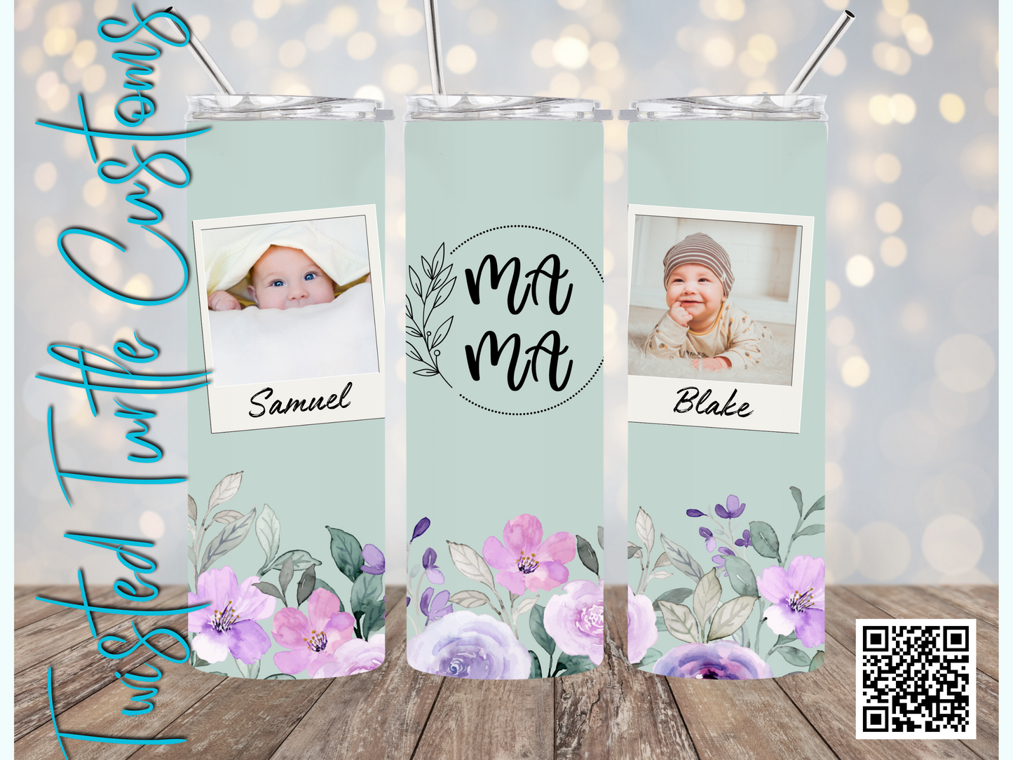 Custom 2 Photo/Names Mama Floral Circle Watercolor 20oz Tumbler with Floral Watercolor Back drop