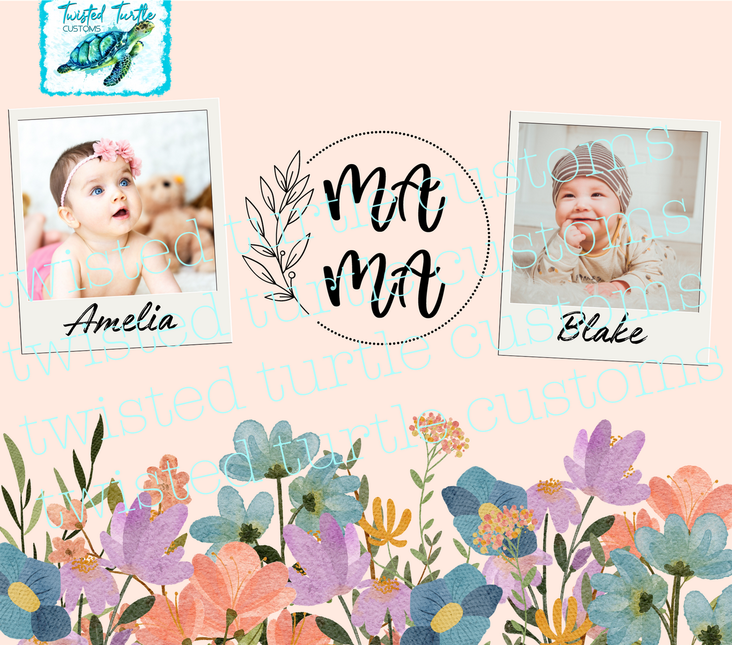 Custom 2 Photo/Names Mama Floral Circle Watercolor 20oz Tumbler with Floral Watercolor Back drop