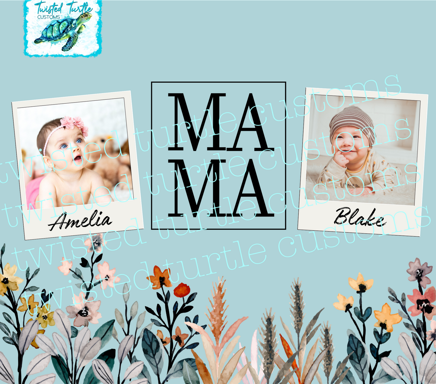 Custom 2 Photo/Names Mama Floral Square Watercolor 20oz Tumbler with Floral Watercolor Back drop