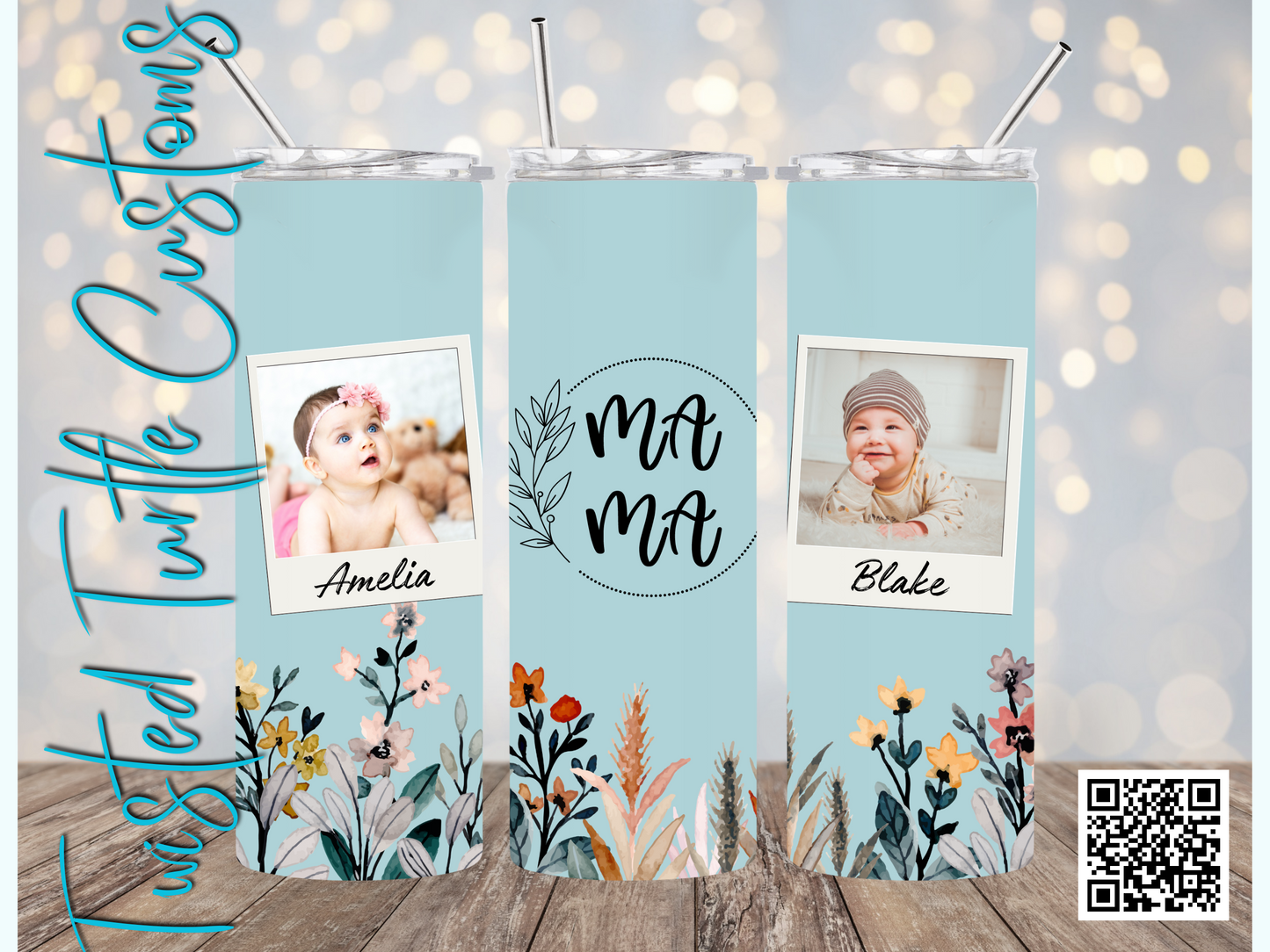 Custom 2 Photo/Names Mama Floral Circle Watercolor 20oz Tumbler with Floral Watercolor Back drop