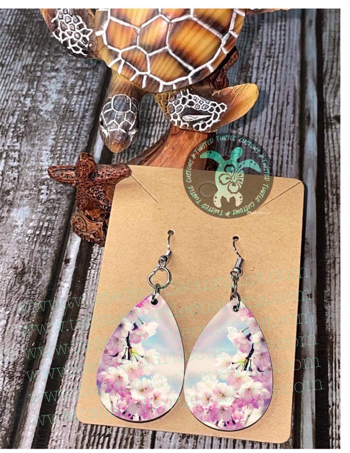Cherry Blossom Flowers Pink & Blue watercolor background Teardrop Earrings
