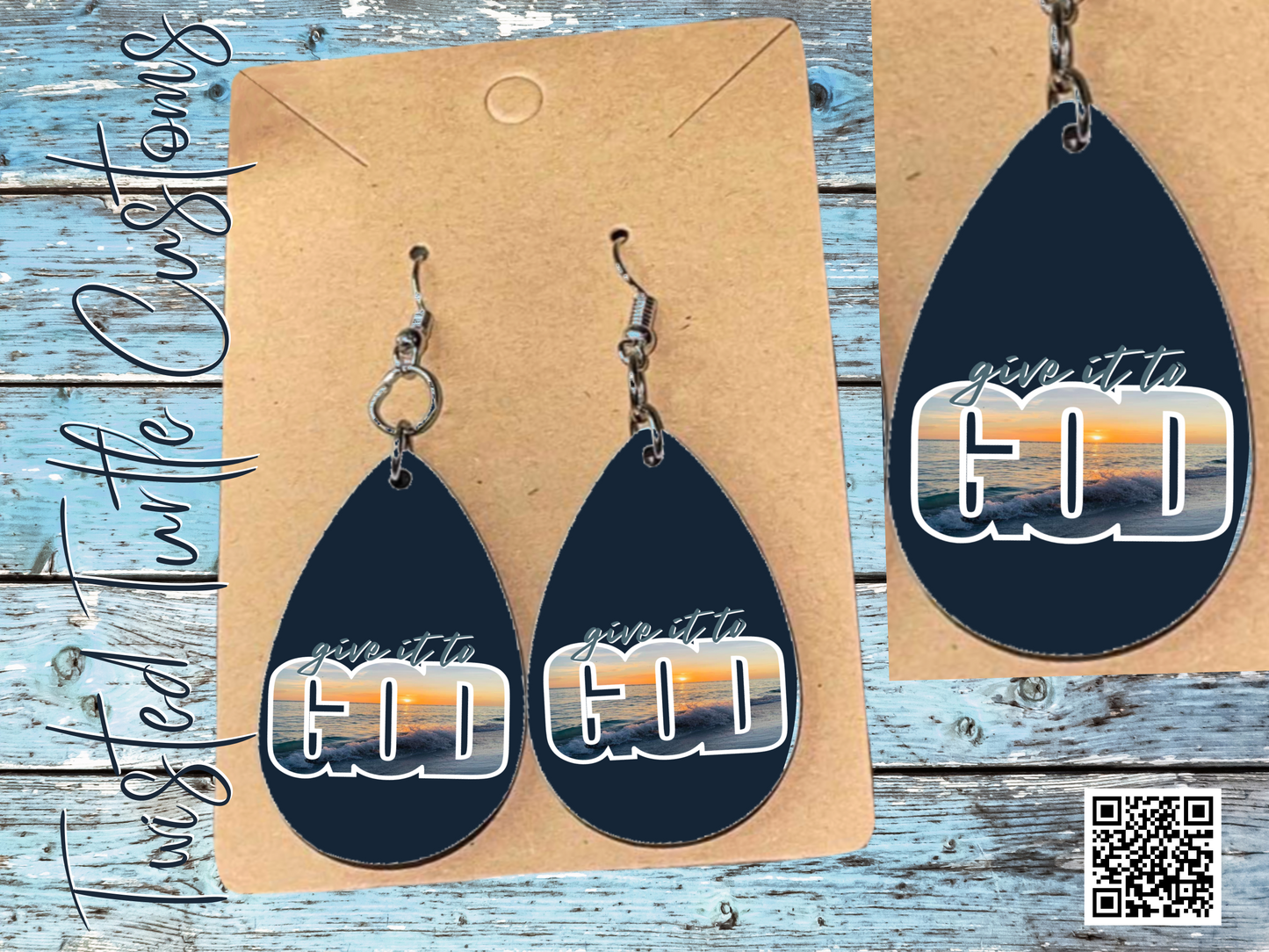 Dark Blue Give it to God Sunrise Photograph Teardrop Earrings