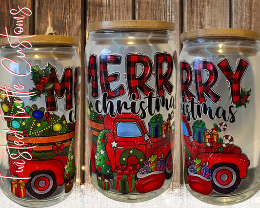 Merry Christmas Red Truck Buffalo Plaid 16oz Glass Can with Bamboo Lid & Glass Straw