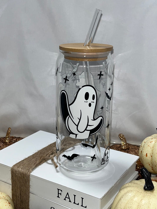 OOPS!! Funny Humor Ghost 18oz Glass Can Libbey with Bamboo Lid & Glass Straw