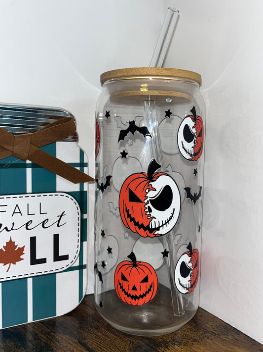 Spooky Jack Pumpkin Skeleton 18oz Glass Can with Bamboo Lid & Glass Straw