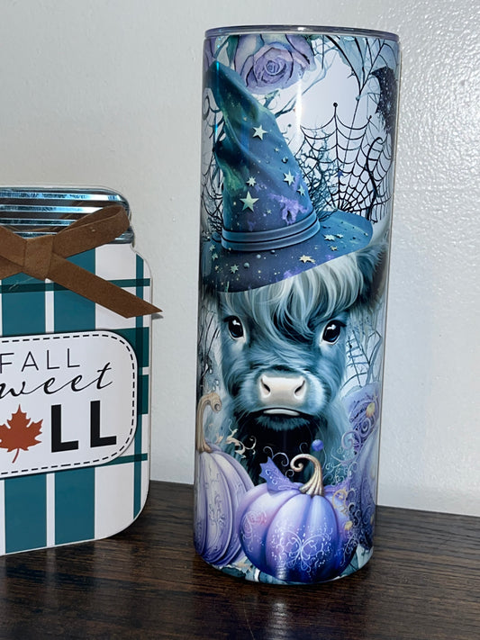 Purple Pumpkins Witch Fall Baby Highland Cow Flowers, Spider webs and Bats 20oz Tumbler
