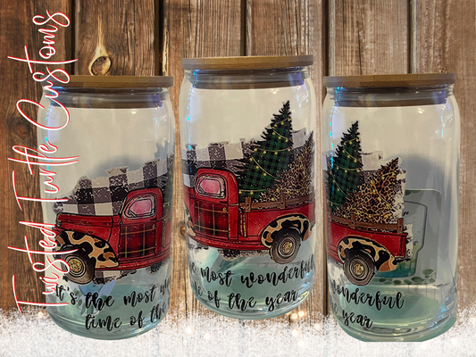 Most Wonderful Tome of the Year  Red Truck 16oz Glass Can with Bamboo Lid & Glass Straw
