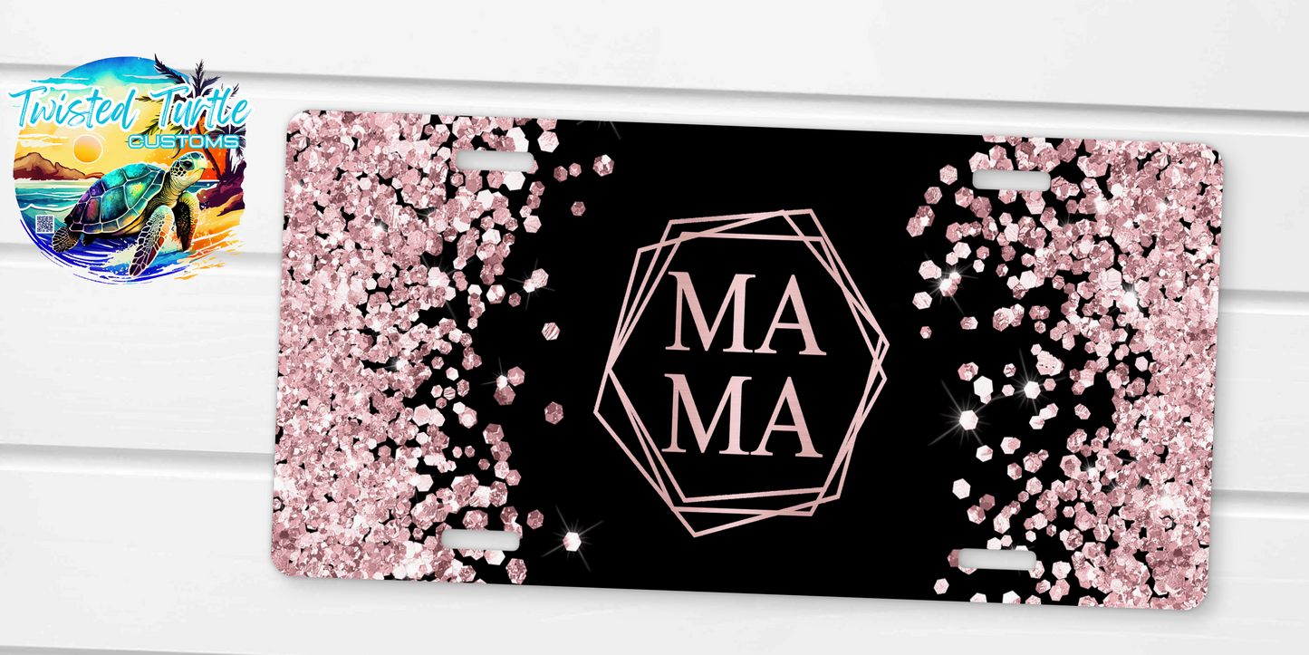 Mama in Black with Pink Glitter License Plate