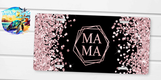 Mama in Black with Pink Glitter License Plate