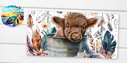 Baby Highland Cow Boho Feathers License Plate