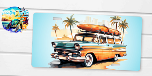 Vintage Car Beach Surf Boards and Palm Trees License Plate