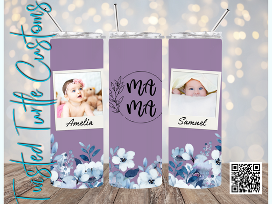 Custom 2 Photo/Names Mama Floral Circle Watercolor 20oz Tumbler with Floral Watercolor Back drop