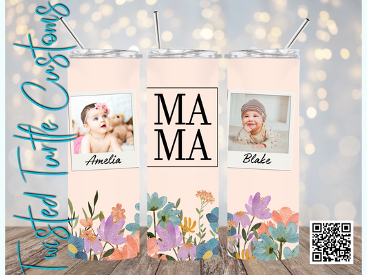 Custom 2 Photo/Names Mama Floral Square Watercolor 20oz Tumbler with Floral Watercolor Back drop