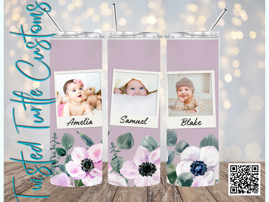 Custom 3 Photo/Names Mama Floral Watercolor 20oz Tumbler with Floral Watercolor Back drop