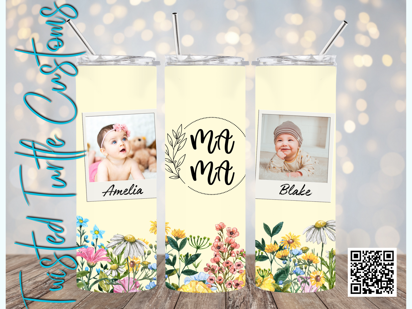 Custom 2 Photo/Names Mama Floral Circle Watercolor 20oz Tumbler with Floral Watercolor Back drop