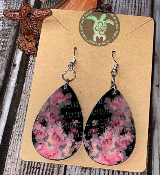 Pink Cherry Blossom Flowers Watercolor Teardrop Earrings