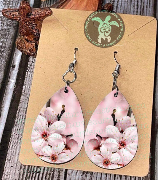 Cherry Blossom Flowers Pink Glittery Watercolor background Teardrop Earrings