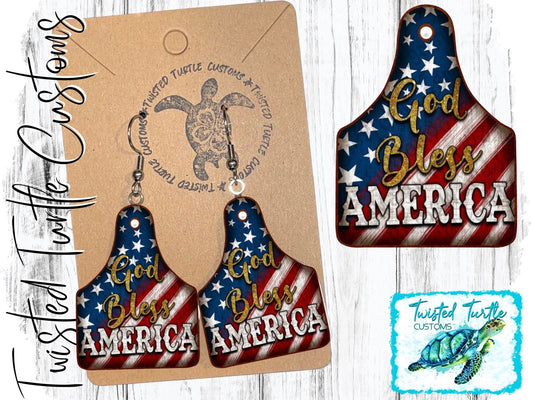 God Bless America Rustic Flag Patriotic Cow Tag Style Earrings