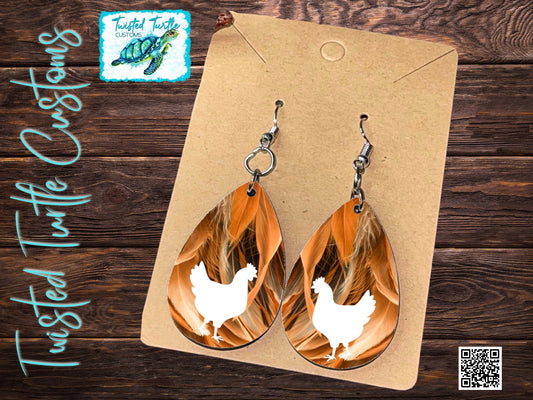Chicken Feathers background, Chicken Hen Silhouette Teardrop Earrings