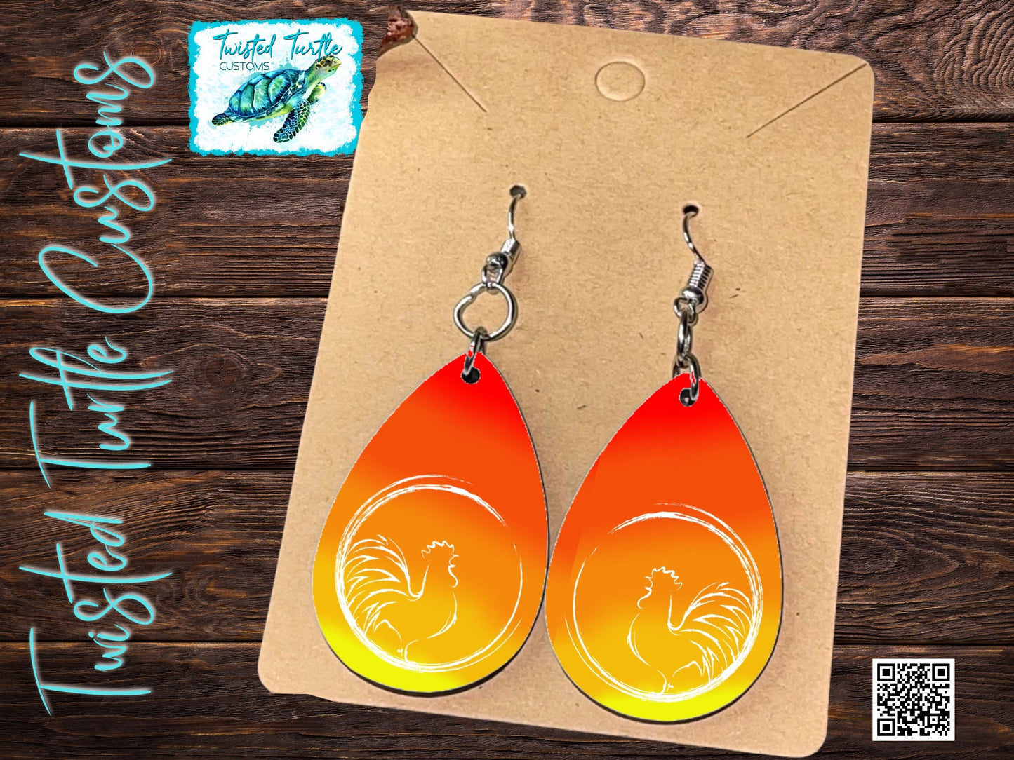Fancy Rooster Bright watercolor Paint  Background Teardrop Earrings